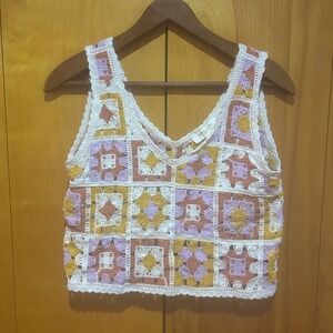 Rebellion Crop Top Size Medium Granny Square Patchwork Crochet Boho Hippie
